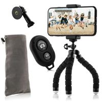 Flexibel mini-statief met schuimrubber poten KIT: incl. telefoonhouder, bluetooth remote, GoPro-adapter & opbergzakje