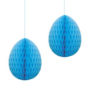 Pasen thema versiering - 2x - papier - hangend paasei van 20 cm aan koord - blauw