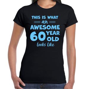 Verkleed T-shirt voor dames - leeftijd 60 jaar - awesome - zwart - glitter blauw - Verjaardagsfeest