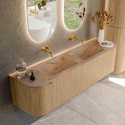 Badmeubel Mondiaz Kurve-Dlux | 170 cm | Meubelkleur Oak | Wastafelkleur Arena | Solid surface | Wasbak beide zijden spoelbak | Zonder kraangat(en)