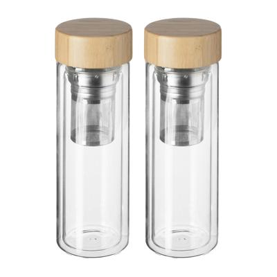 Theefles - 2x - dubbelwandig - glas/bamboe - 40 cl - infusiefles/theepot