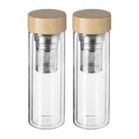 Theefles - 2x - dubbelwandig - glas/bamboe - 40 cl - infusiefles/theepot