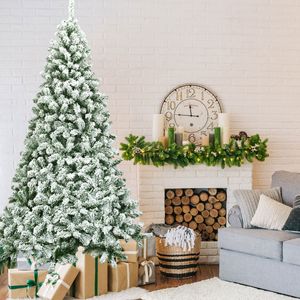 225cm Kunstkerstboom met Sneeuw Bedekte Opvouwbare Dennenboom met Metalen Standaard