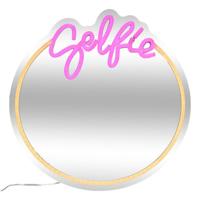 Neon Wandspiegel Selfie - rond - roze - oplaadbaar - D35 cm - decoratie spiegel