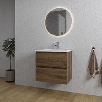 Adema Chaci Badkamermeubelset - 60x46x57cm - 1 ovale keramische wasbak wit - 1 kraangat - 2 lades - ronde spiegel met verlichting - noten (hout) SW1212758/SW718716/SW108325 Adema Chaci Badkamermeubelset - 60x46x57cm - 1 ovale keramische wasbak wit - 1 kraangat - 2 lades - ronde spiegel met verlichting - noten (hout) SW1212758/SW718716/SW108325