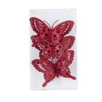 3x stuks decoratie vlinders op clip glitter rood 14 cm   -