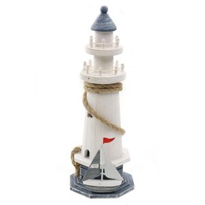 Maritieme decoraties beeldje van een Vuurtoren - Hout - 10 x 28 cm - wit/blauw   -