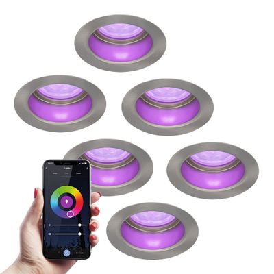 HOFTRONIC SMART 6x Mari smart LED inbouwspot verzonken - 5.5 Watt - RGBWW - WiFi+BLE - Verwisselbare GU10 - Dimbaar - voor binnen en buiten - RVS