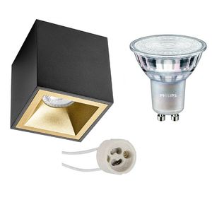 Opbouwspot Set - Pragmi Cliron Pro - GU10 Fitting - Opbouw Vierkant - Mat Zwart/Goud - Verdiept - 90mm - Philips -