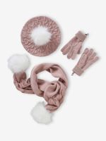 Baret + sjaal + handschoenen of wanten in zoomsteek en bontfantasie voor meisjes roze (poederkleur)