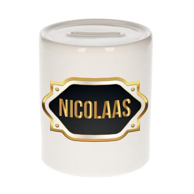 Spaarpot met voornaam Nicolaas - wit - goud/zwart embleem - 8 x 9 cm - keramiek - afsluitdop