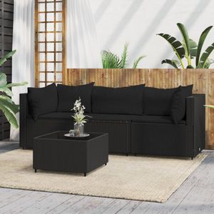 4-delige Loungeset met kussens poly rattan zwart