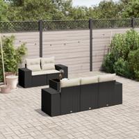 6-delige Loungeset met kussens poly rattan zwart