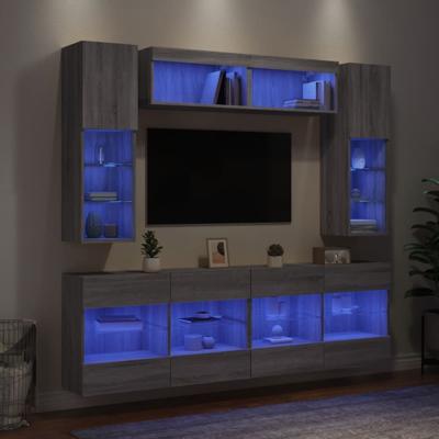 6-delige Tv-wandmeubelset met LED-verlichting grijs sonoma