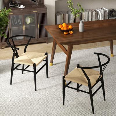2-delige set Eetkamerstoelen Keukenstoelen met Y-vormige Rugleuning & Gevlochten Rattan Zitkussen Stapelbare Accentstoelen Beige