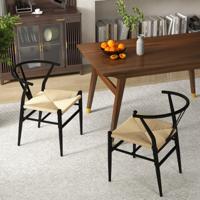 2-delige set Eetkamerstoelen Keukenstoelen met Y-vormige Rugleuning & Gevlochten Rattan Zitkussen Stapelbare Accentstoelen Beige