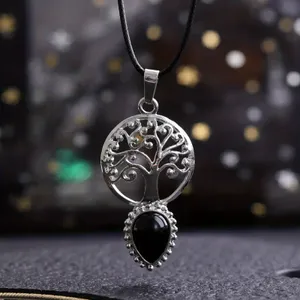 Zilverkleurige Levensboom Ketting met Obsidiaan Edelsteen - Sieraden - Spiritueelboek.nl