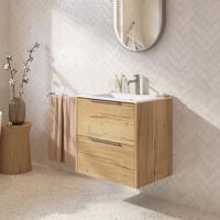 Saqu Lima badmeubel incl. glans witte keramische wastafel 60x51x61cm eiken marcato - rvs greep