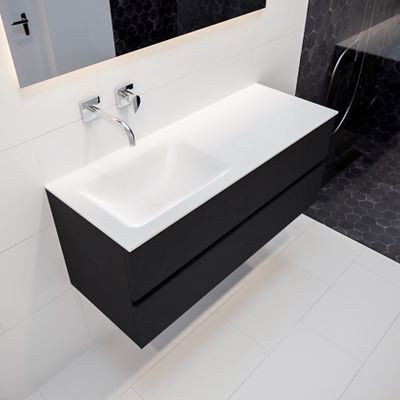 Mondiaz Vica Cloud badmeubel zwart mat 120 cm 2 lades solid surface enkele spoelbak links zonder kraangat