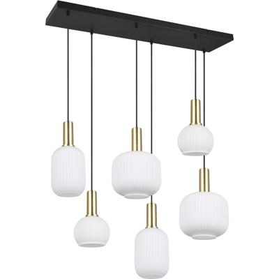 LED Hanglamp - Hangverlichting - Trion Pala - 6x Lichtpunten - E27 Fitting - Wit Glas - Mat Messing - Metaal