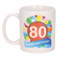 80 jaar Verjaardag koffiemok - cadeau beker - feestelijke ballonnen print - 300 ml - keramiek - wit