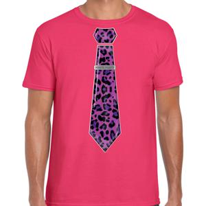 Verkleed T-shirt voor heren - panterprint stropdas - roze - foute party - carnaval/themafeest