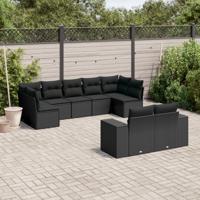 9-delige Loungeset met kussens poly rattan zwart