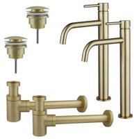 Fortifura Calvi Slim Wastafelkraanset - voor dubbele wastafel - verhoogde wastafelkraan - klikwaste plug - verlaagde design sifon - Geborsteld Messing PVD (Goud) 2x SW720546/2x SW696202/2x SW696218