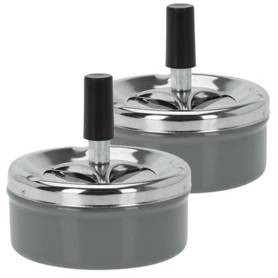 Set van 2x stuks druk en draai tafel asbak metaal antraciet/chrome 9 x 5 cm