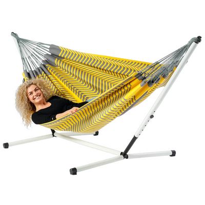 Tweepersoons hangmat met metalen standaard - 350x160cm - Geel - 160kg draagkracht- 100% katoen - binnen & buiten