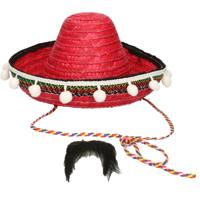 Carnaval verkleed set - Mexicaanse sombrero hoed met plaksnor - rood - kinderen