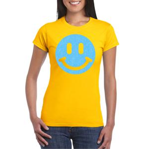 Verkleed T-shirt voor dames - smiley - geel - carnaval/foute party - feestkleding