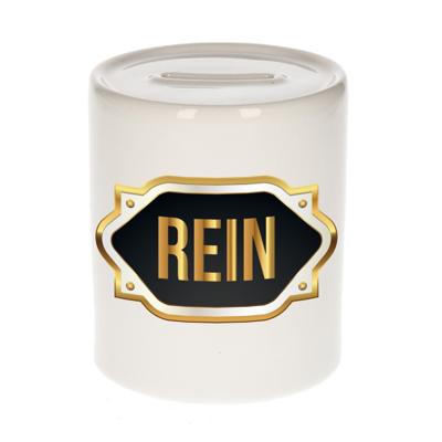 Spaarpot met voornaam Rein - wit - goud/zwart embleem - 8 x 9 cm - keramiek - afsluitdop Spaarpot met voornaam Rein - wit - goud/zwart embleem - 8 x 9 cm - keramiek - afsluitdop