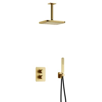 Hotbath Gal - Inbouw Regendoucheset - Geborsteld Messing PVD - Thermostatisch - Plafondbuis 15 cm - Hoofddouche 220 mm - Staafhanddouche - met 2-Weg Stop-Omstel