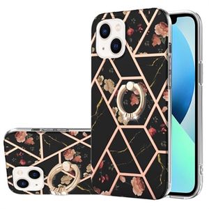 iPhone 15 Marble Pattern IMD TPU Case met Ring Houder - Zwart