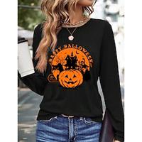 Dames T-shirt 100% katoen Afdrukken Halloween Dagelijks Modieus Basic Lange mouw Strakke ronde hals Zwart Lente Herfst Lightinthebox - thumbnail