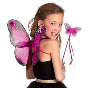 Verkleed set vlinder - vleugels en toverstokje - fuchsia roze - kinderen - Carnavalskleding/accessoi