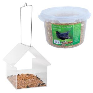 Vogelhuisje/voedertafel transparant kunststof 15 cm inclusief 4-seizoenen mueslimix vogelvoer