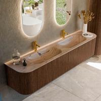 Badmeubel Mondiaz Kurve-Dlux | 200 cm | Meubelkleur Walnut | Wastafelkleur Arena | Solid surface | Wasbak beide zijden spoelbak | 2 kraangaten