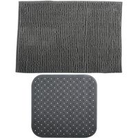 MSV Douche anti-slip mat en droogloop mat - Sevilla badkamer set - rubber/microvezel - donkergrijs