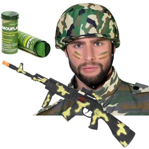 Carnaval verkleed set Leger soldaten helm - camouflage schmink stift - machinegeweer