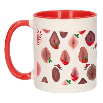 Foute humor Kerst cadeau - koffiemok - met feestelijke vaginas - rood - kerstpakket