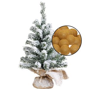 Mini kerstboom met sneeuw - incl. verlichting bollen okergeel - H45 cm