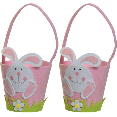 2x stuks paasmandjes met Paashaas - vilt - roze - D15 x H31 cm