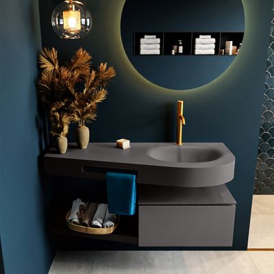 MONDIAZ RIVA 120cm badmeubel onderkast / planchet kleur Dark_Grey met 1 lade. Wastafel DULCET rechts 1 kraangat kleur Dark_Grey. MONDIAZ RIVA 120cm badmeubel onderkast / planchet kleur Dark_Grey met 1 lade. Wastafel DULCET rechts 1 kraangat kleur Dark_Grey.