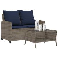 Tuinbank 2-zits met kussens & tafel poly rattan grijs