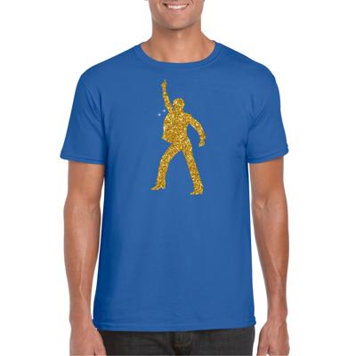 Disco verkleed t-shirt - voor heren - blauw - gouden glitter - jaren 70/80 - kleding