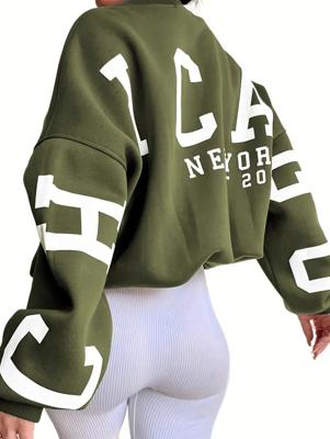 Women's Letter Print Drop Shoulder Sweatshirt | Black Fall Pullover Army Green / XS