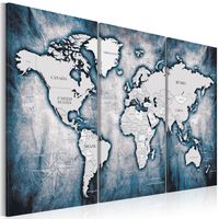 Schilderij - Wereldkaart , Wereld in blauwe inkt , 3 luik - thumbnail