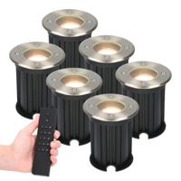 Set van 6 dimbare LED grondspot Maisy - rond - RVS - 4 Watt 345 lumen - 2700K warm wit - IP65 Waterdicht - Incl. dimmer met afstandsbediening